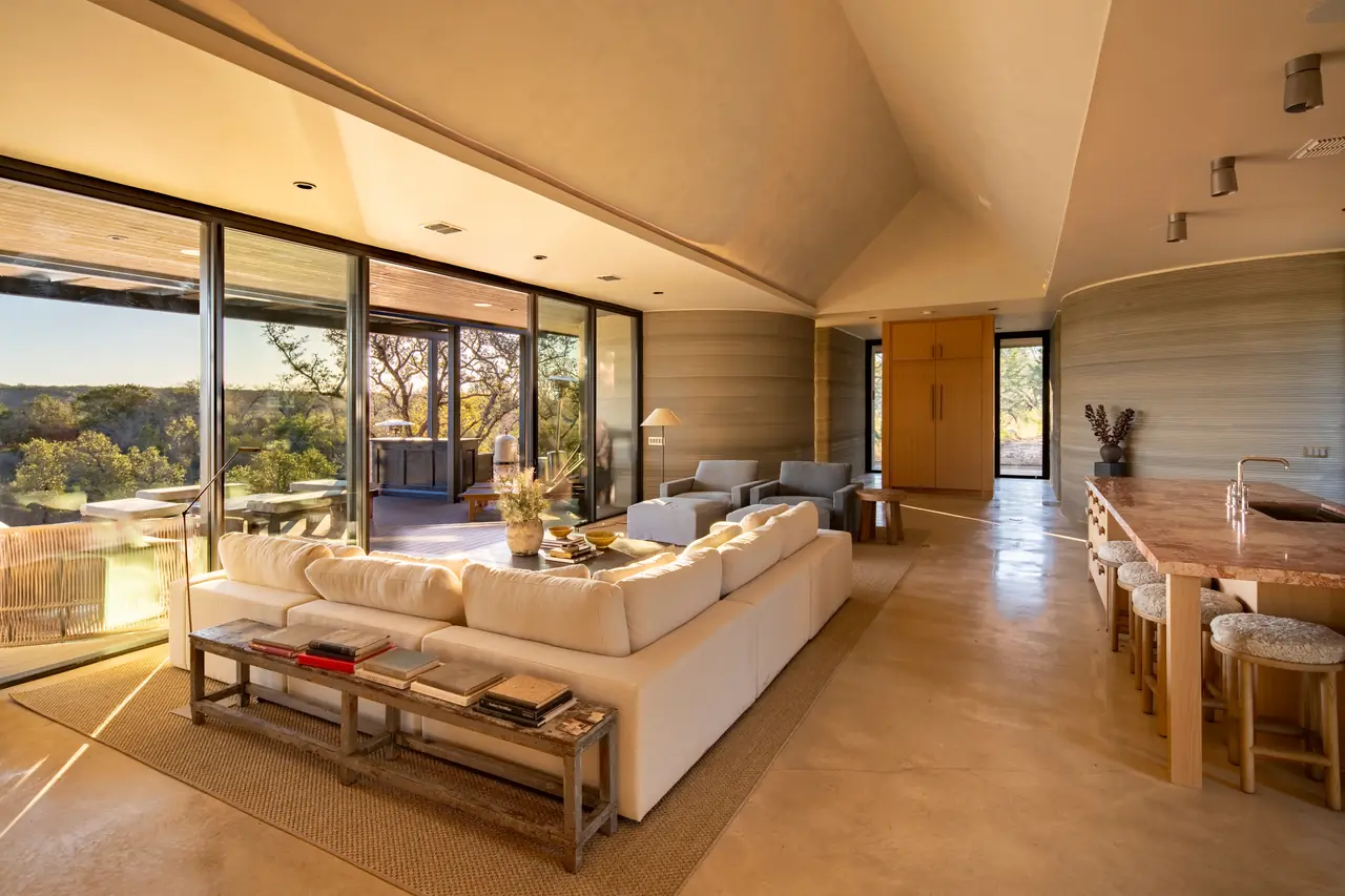 Living room with a wall of glass