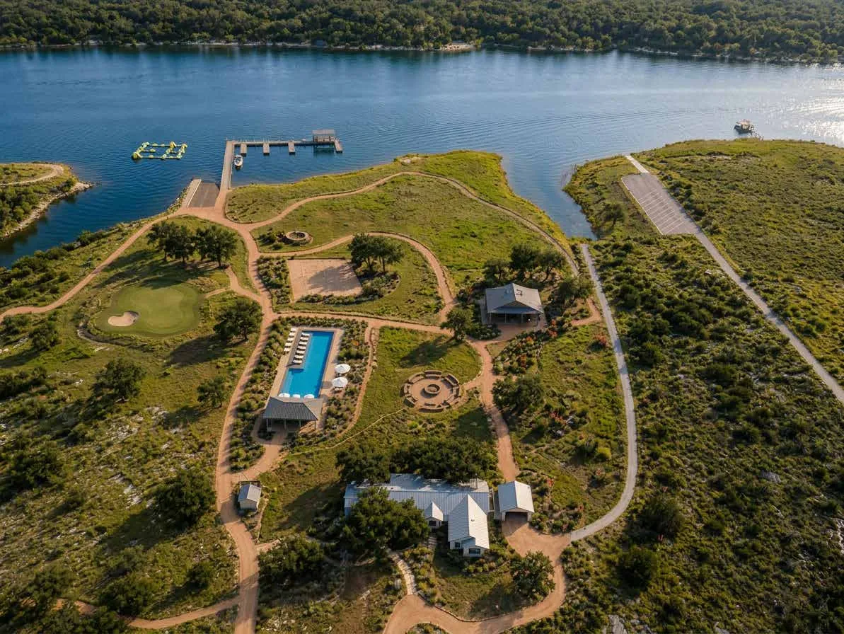 Aerial view of the Club pool, lawns and shoreline