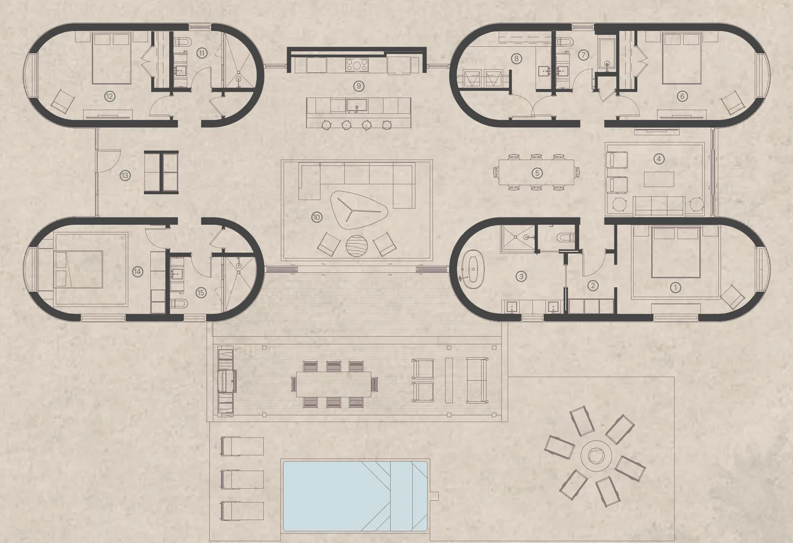 Aura floor plan: four bedroom wings around a central living, kitchen and dining space, with the deck and pool outside